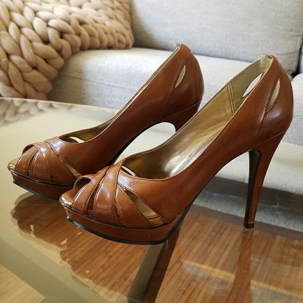 Cognac Brown Leather Peeptoe Pump, Size 6.5